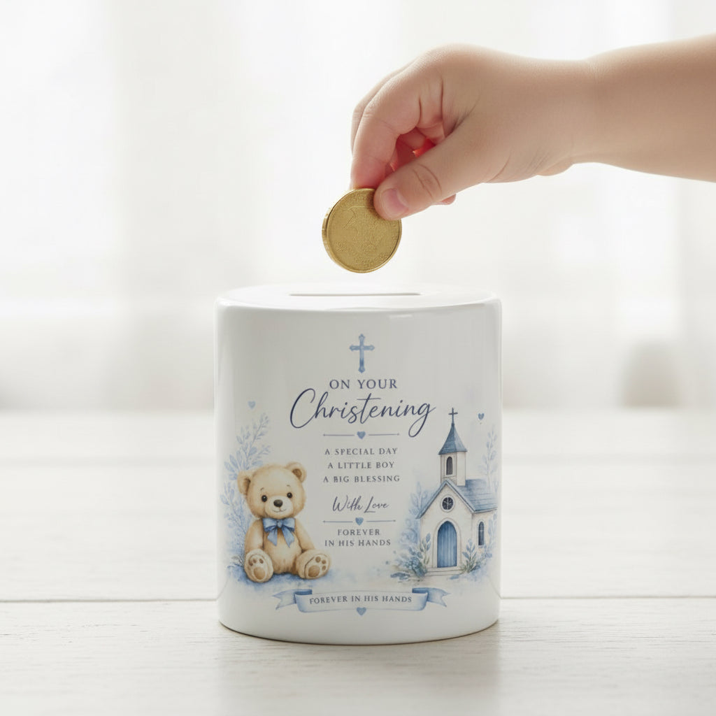 Vacso Trading Personalised Christening Money Box Ceramic Religious Keepsake Teddy Bear Savings Bank