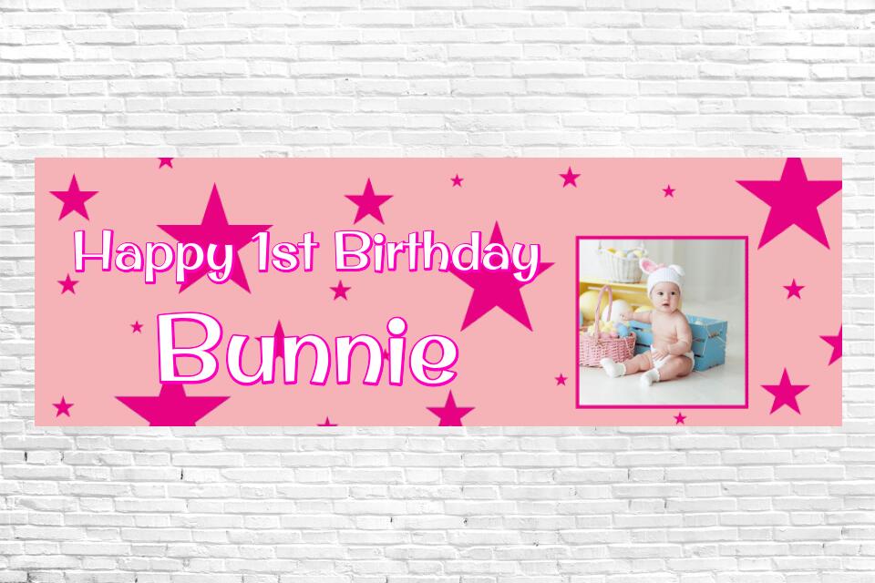 Girls Pink Star Birthday Banner With Photo