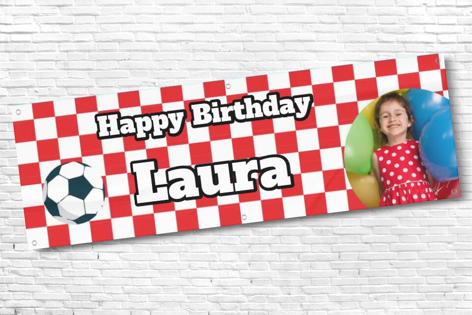 Personalised Football Banner Red and White Squares with any photo and text