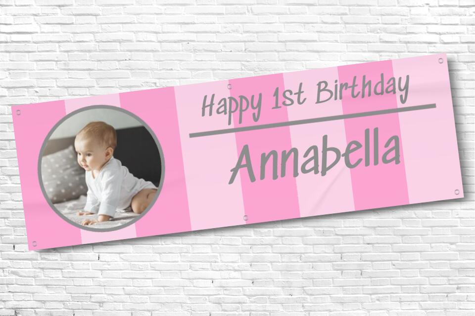 Girls pink stripe birthday banner with photo