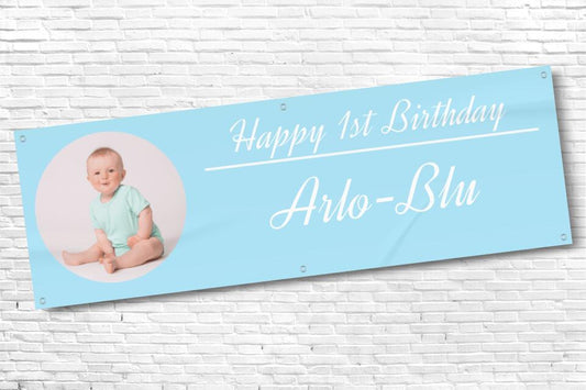Boys baby blue personalised birthday banner