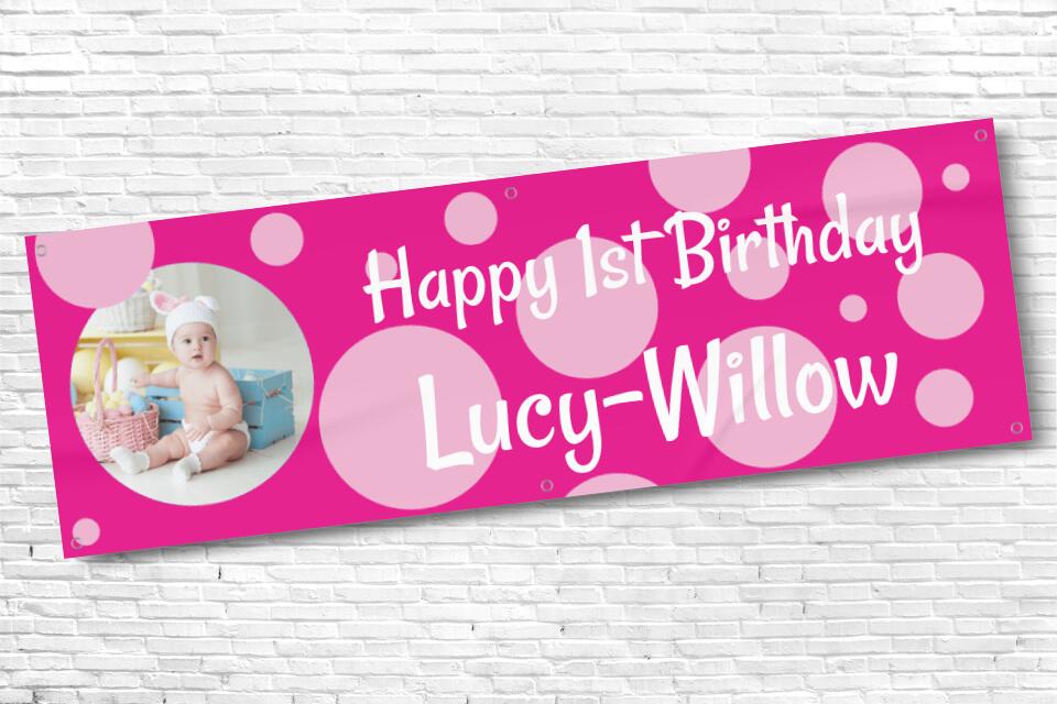 Girls pink circle birthday banner with photo