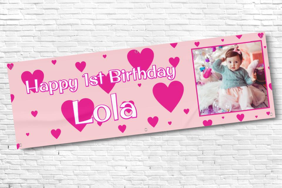 Girls pink heart birthday banner with photo