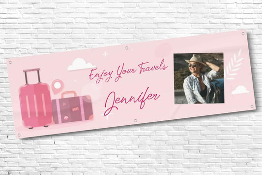 Personalised Pink Enjoy your Travels Banner with any Text and Photo