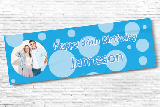 Men's Personalised Blue Bubble Birthday Banner with any name and photo