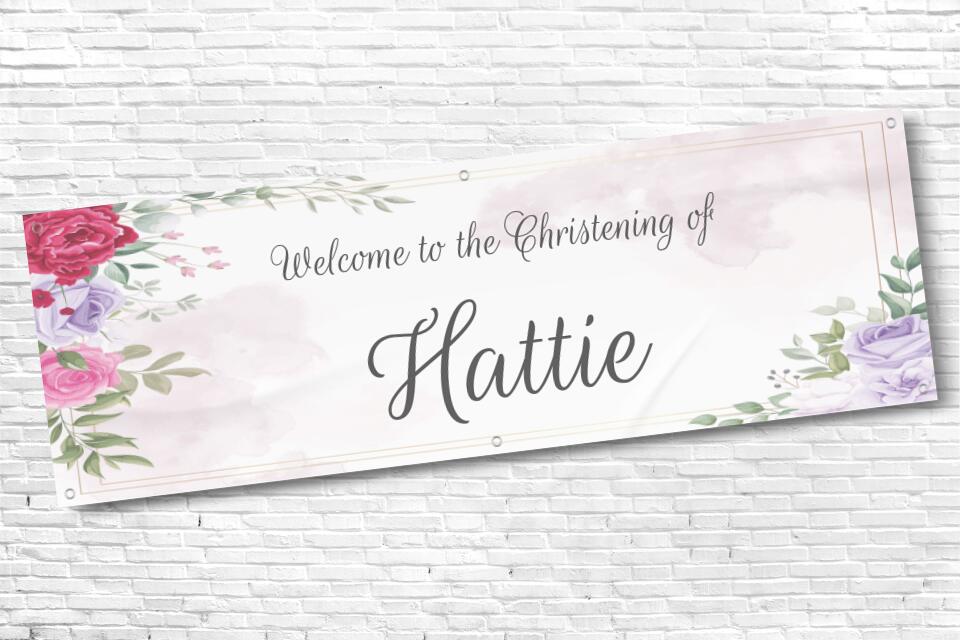Girls Personalised Floral with Boarder Christening Banner