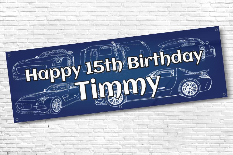 Personalised Boys and Mens Car with Navy Blue Background Birthday Banner