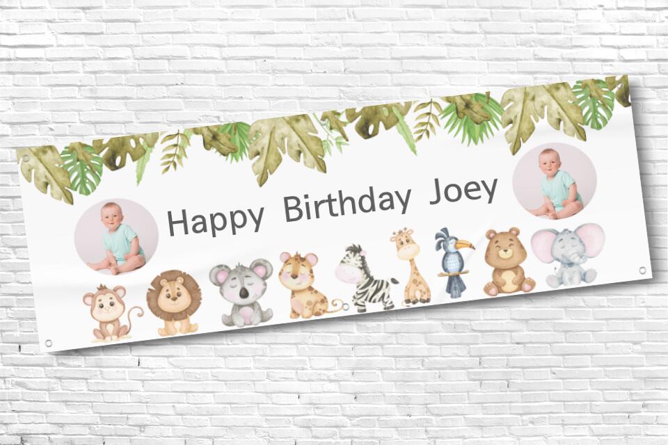 Boy's and Girl's Personalised Wild Animals Twin Photo Birthday Banner