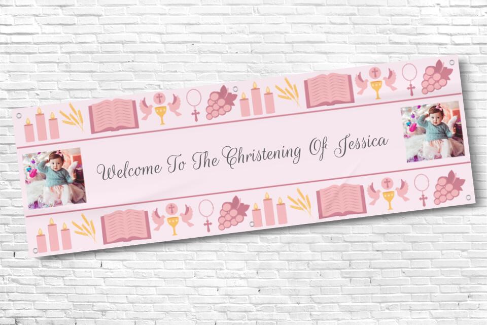 Girl's Personalised Pink Twin Photo Ceremony Banner