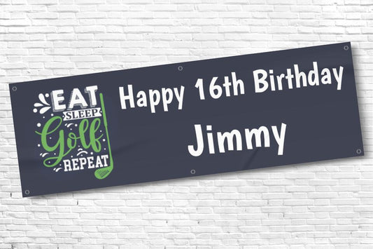 Boy's Personalised Eat Sleep Golf Repeat 16th Milestone Birthday Banner