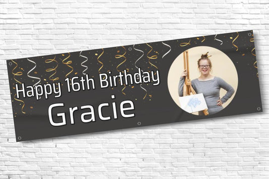 Girl's Personalised Black Streamer Photo 16th Milestone Birthday Banner