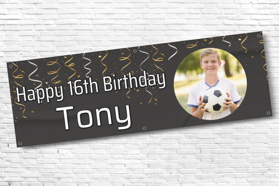 Boy's Personalised Black Streamer Photo 16th Milestone Birthday Banner