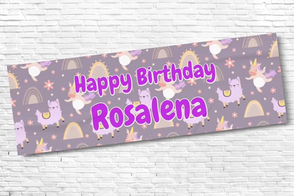 Ladies and Girl's Personalised Purple Unicorn Rainbow Birthday Banner