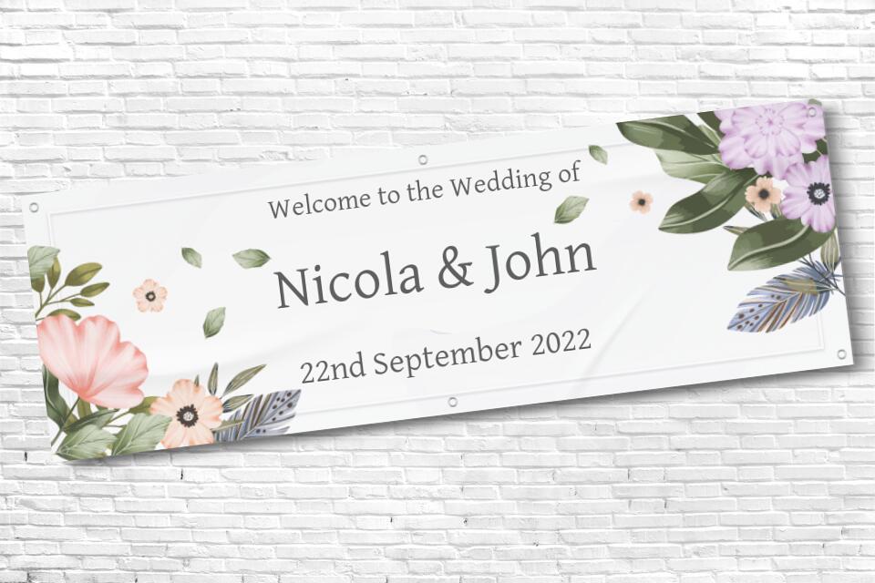 Personalised Pink Purple Floral Corner Date Wedding Banner