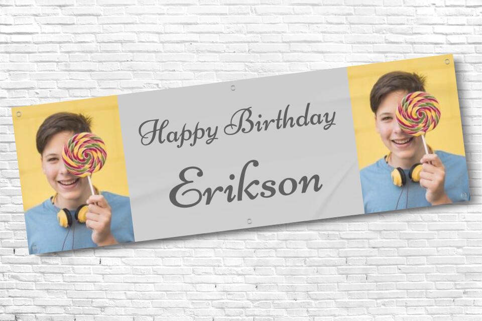 Men's and Boy's Personalised Light Grey Twin Photo Birthday Banner