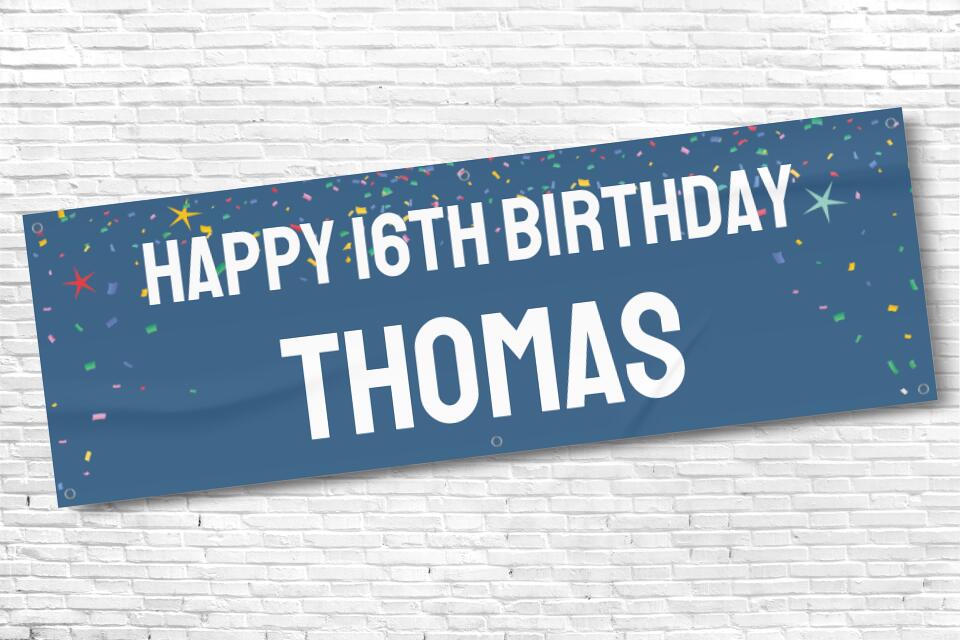 Boy's Personalised Blue Confetti 16th Milestone Birthday Banner