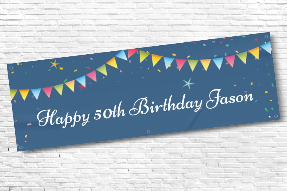 Men's Personalised Blue Confetti 50th Milestone Birthday Banner