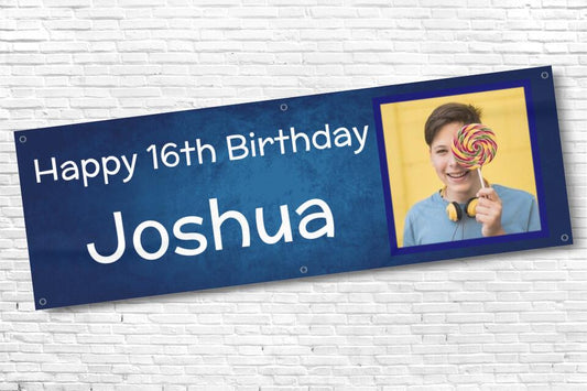 Boy's Personalised Blue Cloudy Fade Photo 16th Milestone Birthday Banner