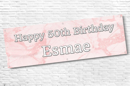 Ladies Personalised Pink Marble 50th Milestone Birthday Banner