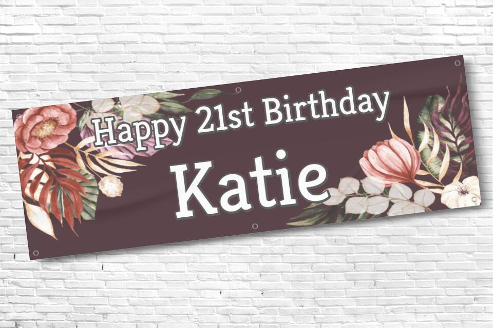 Ladies Personalised Maroon Corner Floral 21st Milestone Birthday Banner