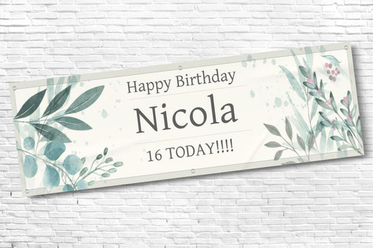 Girl's Personalised Green Floral 16th Milestone Birthday Banner