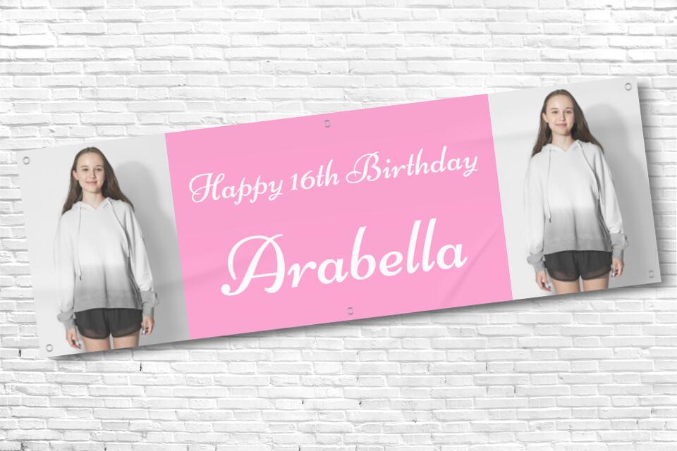 Girl's Personalised Pink Twin Photo 16th Milestone Birthday Banner