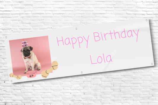 Pink Personalised Dog Birthday Banner with Photo