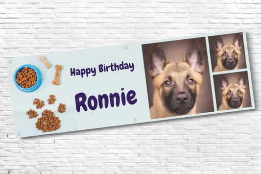 Blue Personalised Dog Birthday Banner with 3 Photos
