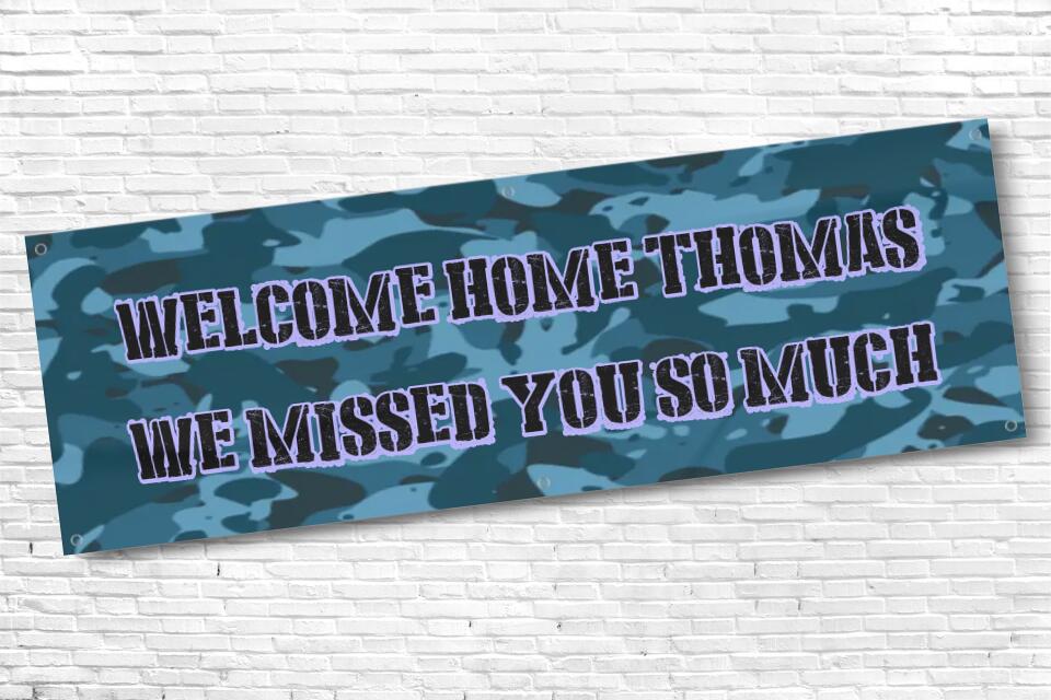 Personalised Blue Military Welcome Home Banner with any Text and Name