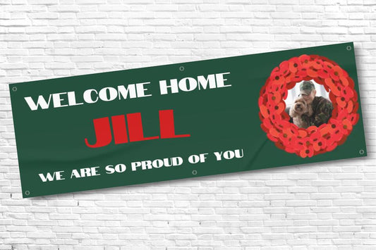 Personalised Green Military with Roses Welcome Home Banner with any Text and Photo