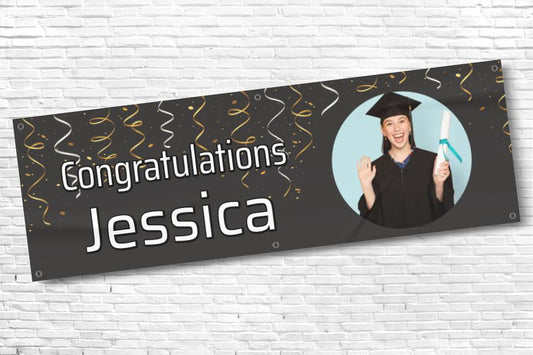 Personalised Black Streamer Graduation Banner with Any Text and Photo