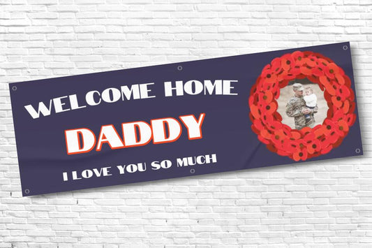 Personalised Blue Military with Roses Welcome Home Banner with any Text and Photo