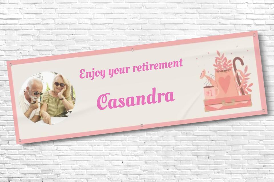 Personalised Retirement Banner with any photo and any text Pink