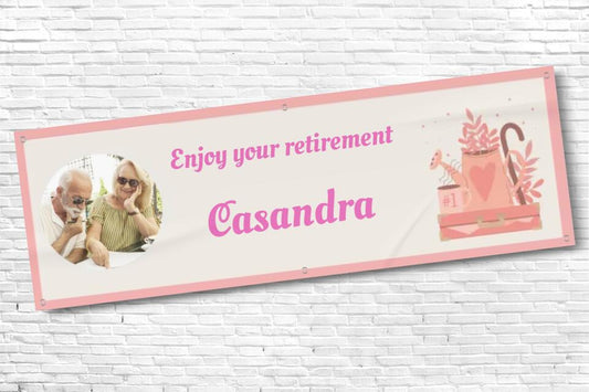 Personalised Retirement Banner with any photo and any text Pink