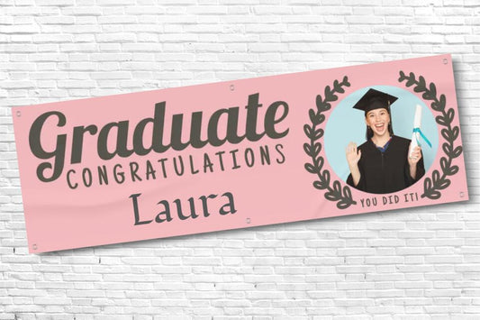 Personalised Pink Graduation Banner with Any Text  and Photo