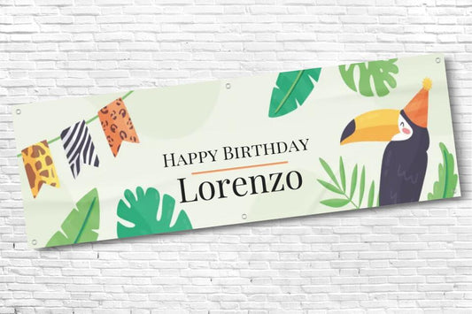 Personalised Boys Green Safari Animals Birthday Banner with any Text