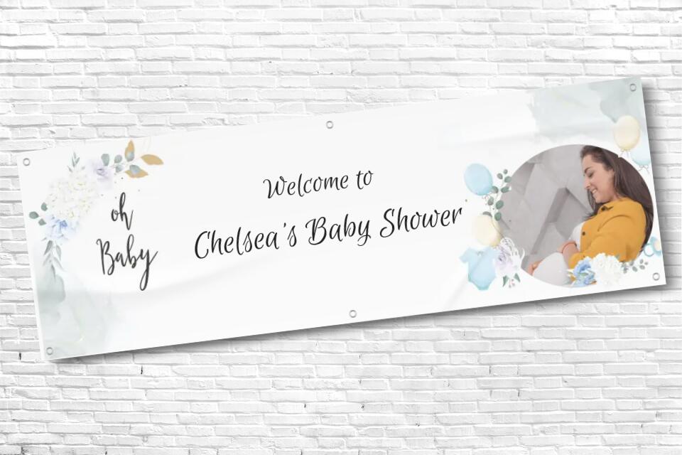 Personalised Blue and White Baby Shower Banner with any photo