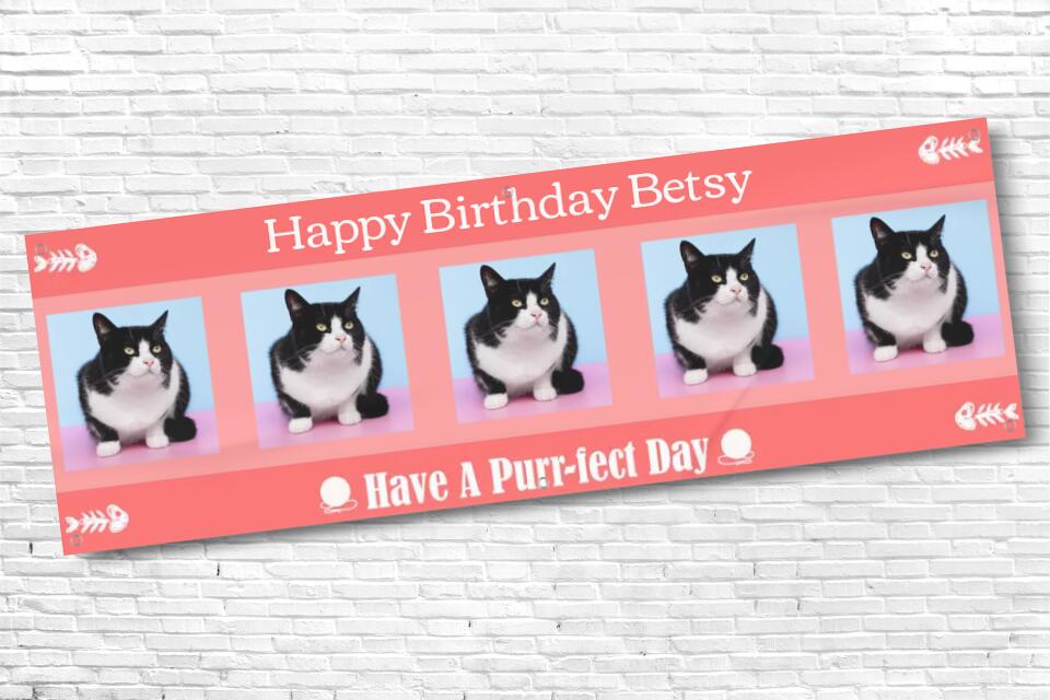 Personalised Pink Cat Birthday Banner with 5 photos