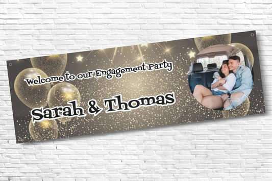 Personalised Gold and Black Balloon with any Image and Text Engagement Banner