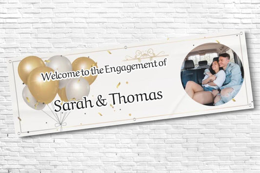 Personalised White & Gold Balloon with any Image and Text Engagement Banner