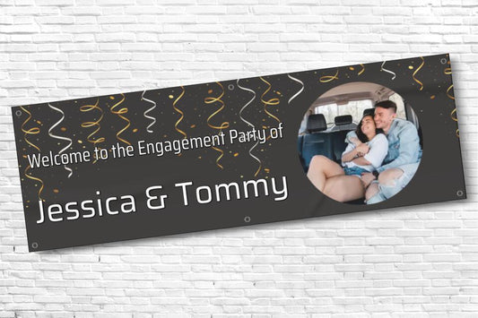 Personalised Black and Gold Streamer Engagement Party Banner with any Photo and any Text