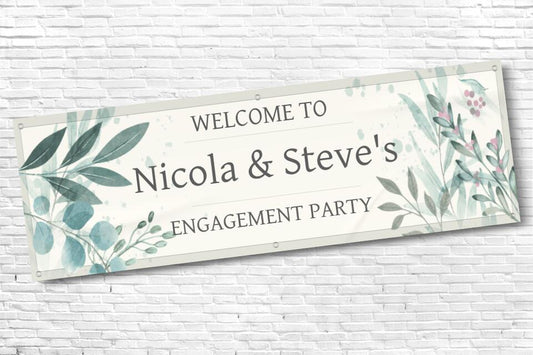 Personalised Green Floral Engagement Party Banner with 3 Lines of Text