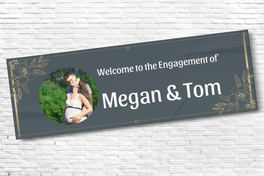 Personalised Grey with Gold Trim Engagement Party Banner with any Text and Photo