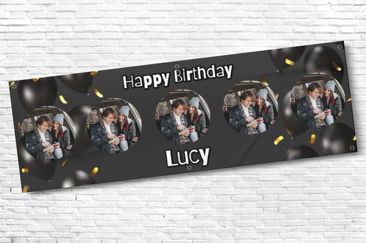Personalised 5 Photo Black Balloon Birthday Banner with any Text