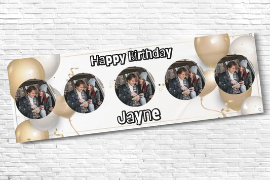 Personalised 5 Photo White and Gold Balloon Birthday Banner with any Text