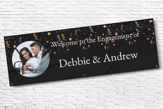 Personalised Engagement Party Banner in black with gold ribbons and any Text and photo