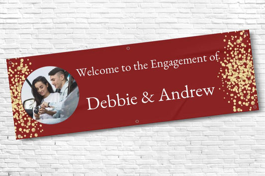 Personalised Engagement Party Banner in ruby with gold ribbons and any Text and photo