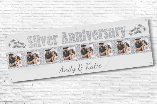Personalised Silver Anniversary Party Banner with any Text and 8 photos