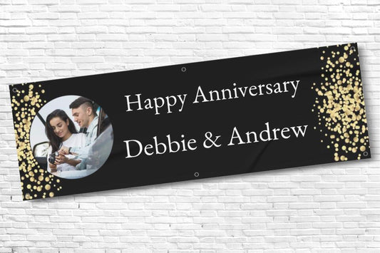 Personalised Black with gold confetti Anniversary Party Banner with any Text and Photo