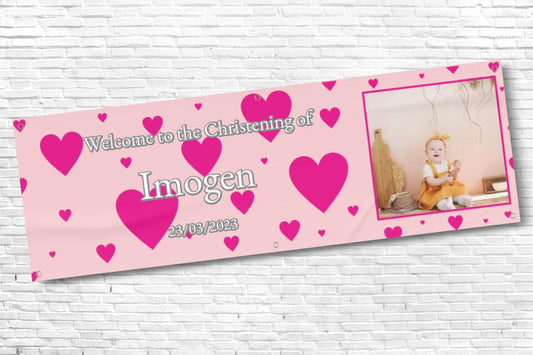 Personalised Pink Heart Christening Banner with any photo and text